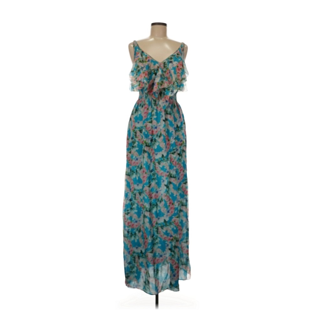 Rebecca Taylor Floral Maxi Dress Womens 6 Blue Cottagecore Ruffle Smocked